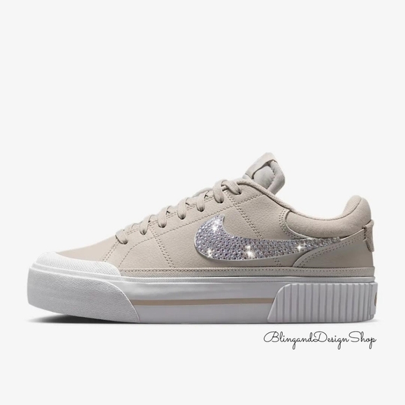 Women's Bling Nike Court Legacy Lift Brown Sneakers made with Crystals Custom - Picture 1 of 6